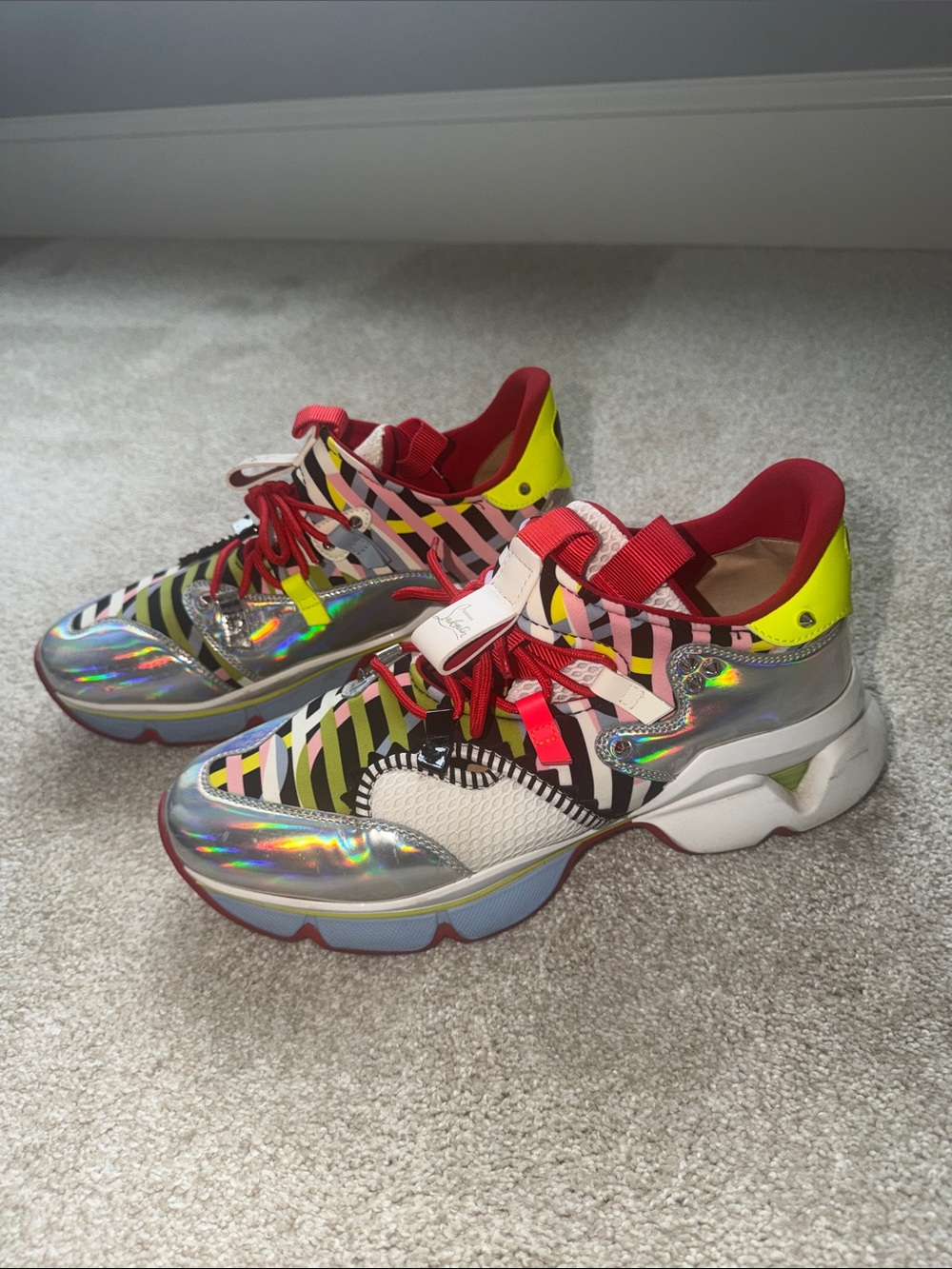 Christian Louboutin Men’s  Iridescent Holographic Sneakers with Red Laces